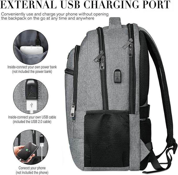 BIKROD Travel Laptop Backpack for Men and Women, Backpacks for School Teen Boys, Business Anti Theft Slim Durable Back Pack with USB Charging Port, Adult Computer Bag Gift 15.6 IN Laptop, Grey