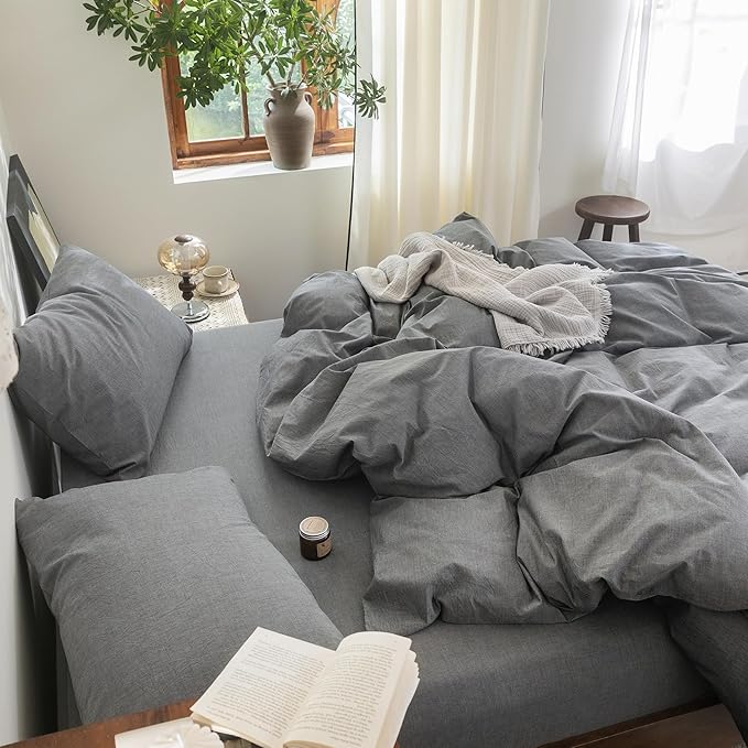 FOSSA Duvet Cover Set 100% Washed Cotton Linen Feel Super Soft Breathable Cozy 3 Pieces Bedding Sets Solid Dark Grey King