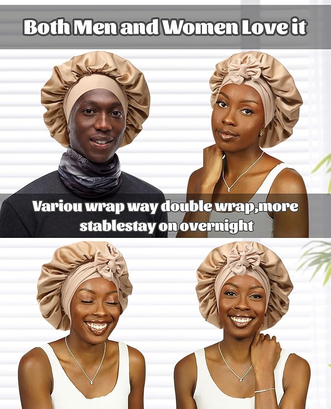 Satin Bonnet Silk Bonnet for Sleeping Silk Sleep Cap Double Layer Hair Bonnet with Elastic Tie Band for Curly Hair Night Cap (Coffee + Champagne)