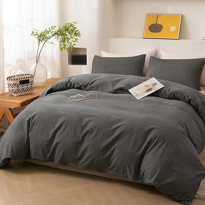 ECOCOTT Duvet Cover Set, 100% Washed Cotton Linen-Like Textured Soft & Breathable, Durable Comfy Bedding Set for All Seasons (Grey, California King)