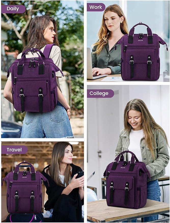 LOVEVOOK Laptop Backpack for Women, Nurse Bag Teacher Work Backpack Purse, Water Resistant Travel Backpack with Separate Laptop Compartment, College Back pack, 15.6 Inch - Purple, Upgraded