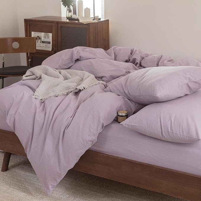 FOSSA Duvet Cover Set 100% Washed Cotton Linen Feel Super Soft Breathable Cozy 3 Pieces Bedding Sets Solid Light Purple King