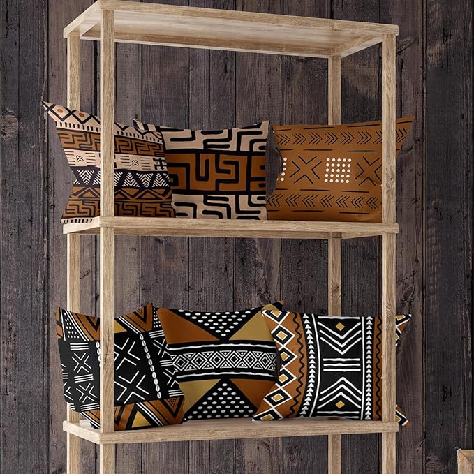 African Throw Pillow Covers Set of 6, Rustic Mud Cloth Texture Brown Pillowcase Boho Ethnic Mudcloth Home Decor Outdoor Decorative Cushion Case 18"X18"