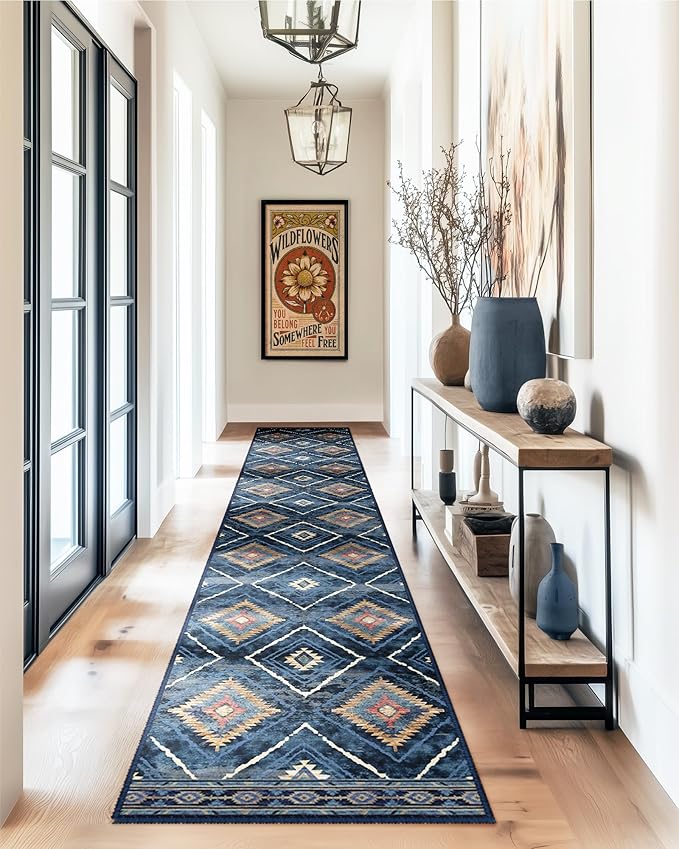 Area Rug 2x10 Rug Machine Washable Non-Slip Low Pile Print Pattern Western Rug for Living Room Bedroom Entryway Tribal Series -Darkblue