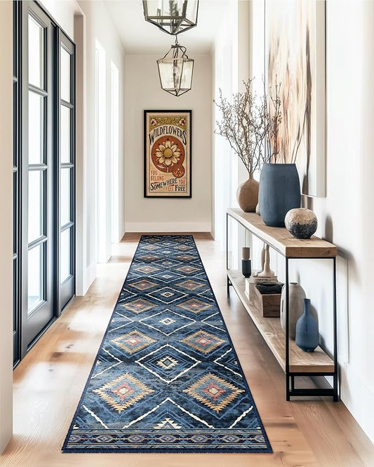 Area Rug 2x10 Rug Machine Washable Non-Slip Low Pile Print Pattern Western Rug for Living Room Bedroom Entryway Tribal Series -Darkblue
