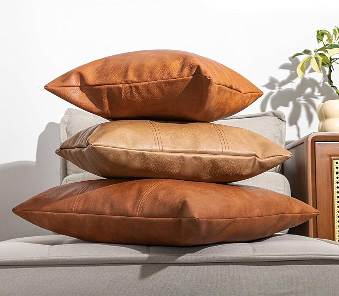 Faux Leather Throw Pillow Covers 22X22 Inch Set of 2 Brown Outdoor Modern Farmhouse Solid Decorative Pillow Covers for Room Couch Living Bedroom Bed Sofa