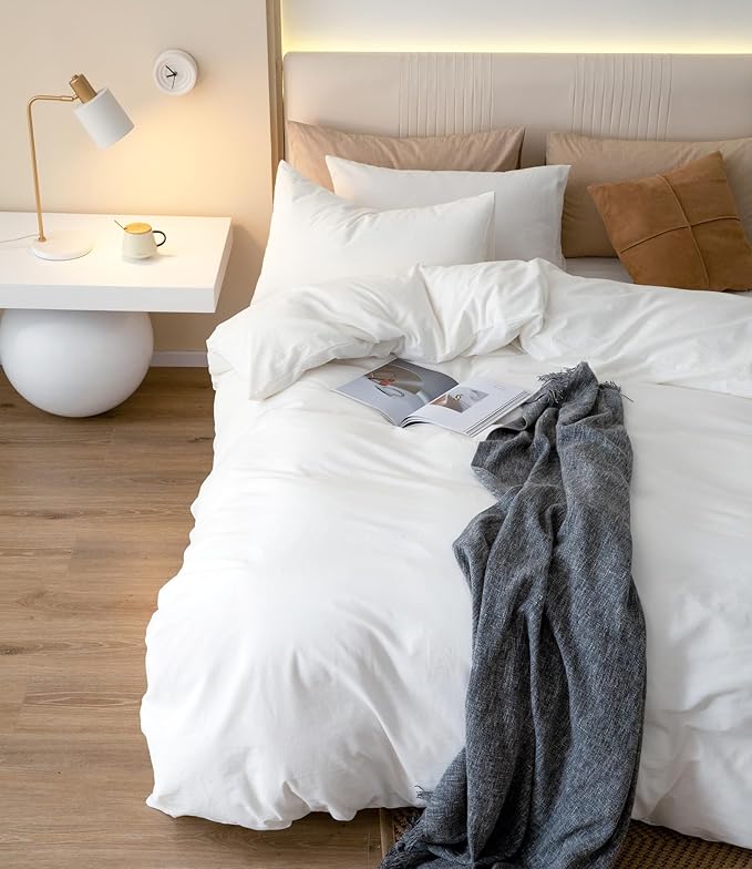 JIYUAN 100% Washed Cotton Duvet Cover Set 3 Pieces King, 1 Duvet Cover 104x90 Inches(Comforter Not Included) and 2 Pillowcases,Linen Feel Bedding Set Comfy and Breathable,Bright White