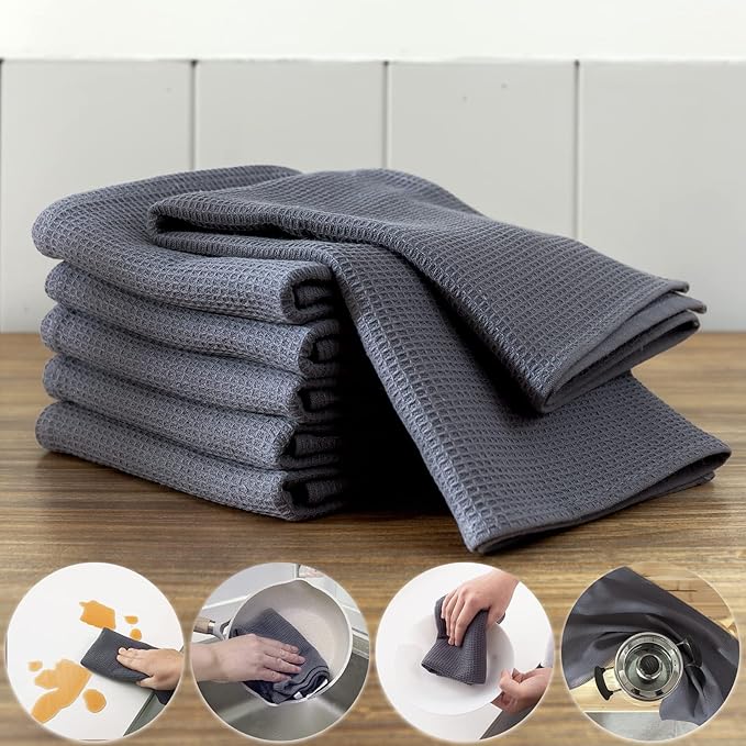 QUILTINA Dish Towels Set,100% Cotton Waffle Weave Kitchen Towels 6 Pack,17 x 25 Inches Dish Towels for Kitchen,Super Absorbent for Drying and Cleaning (Gray)