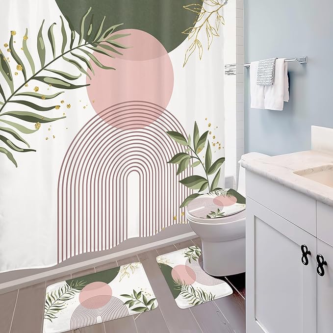 4 PCS Pink Sage Green Boho 72Wx72H Shower Curtain Set Modern Mid Century Plant Bath Rug Toilet Lid Cover Nonslip U Shape Mat Quick Dry Rubber Backed Dirt Resistant Accessories Bathroom Decor