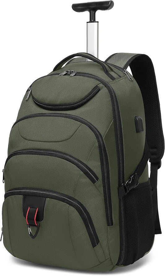Boavan Rolling Backpack,17 inch Water Resistant Wheeled Backpack,Carry on Luggage Business Bag, Overnight College Computer bag Trolley Suitcase for Men Women Adults to Travel，Green