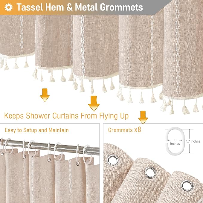 BTTN Boho Shower Stall Curtain - 48x72 Narrow Farmhouse Linen Ultra Thick Tassel Fabric Shower Curtain Set with 8 Hooks, Half Striped Camper RV Modern Country Shower Curtains for Bathroom, Taupe/Tan