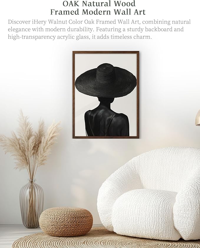iHery Natural OAK Wood Black Girl Walnut Color Framed Wall Art, 12x16 in Black and White Modern Canvas Wall Art, Trendy African American Black Bedroom Decor, Set of 1 For Bathroom Living Room