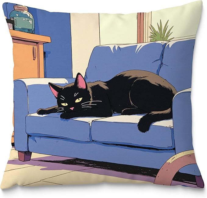 Vintage Black Cat Pillow Covers 18x18, Cats Lovers Lady Gifts, Cat Mom Grandma Gifts, Japanese Anime Black Cats Decorative Pillow Covers for Home Bedroom Living Room Office Decor