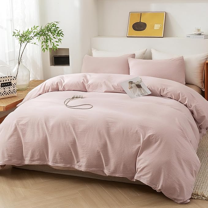 ECOCOTT Duvet Cover Queen Size - 100% Washed Cotton Durable Soft Comfy Duvet Cover Set, 3 Pieces Duvet Cover with Zipper Closure, No Comforter (Greyish Pink)