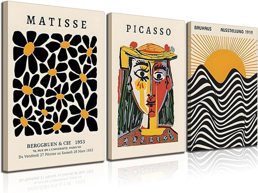 3 Pack Framed Gallery Wall Art Picasso Matisse Bauhaus Set Canvas Prints Abstract Paintings Posters Orange Black Modern Minimalist Wall Decor Pictures Suitable for Bedroom Living Room Decor (Framed,