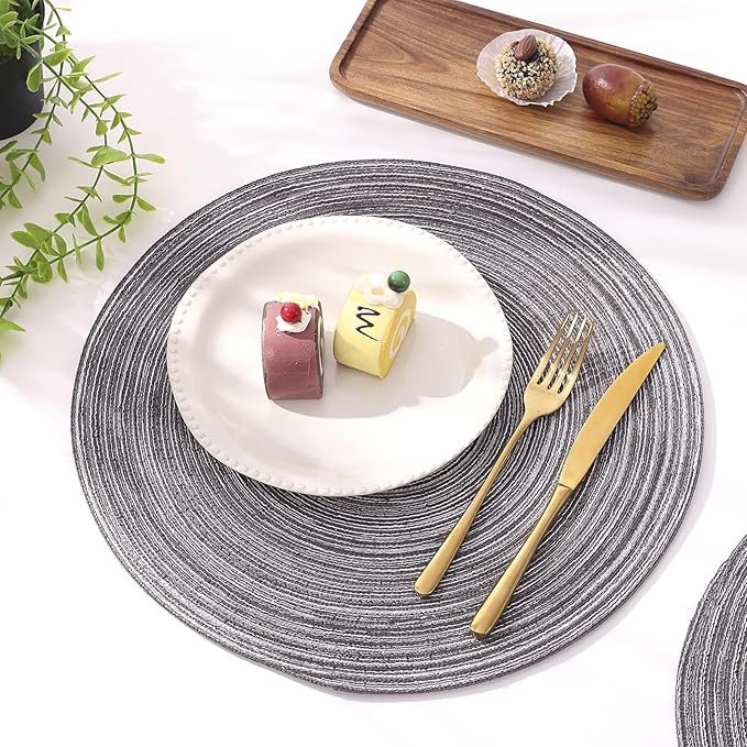 SHACOS Round Braided Placemats Set of 6 Round Table Mats 15 inch Cotton Washable for Holiday Party (Black Grey, 6)