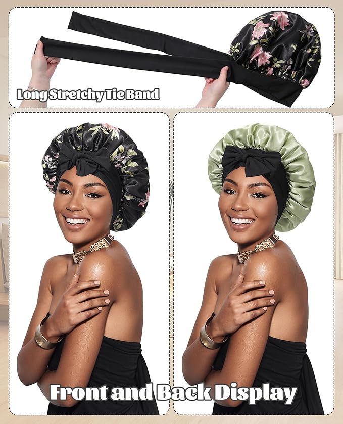 Satin Bonnet Silk Bonnet for Sleeping Silk Sleep Cap Double Layer Hair Bonnet with Elastic Tie Band for Curly Hair Night Cap (Black flower+Green)