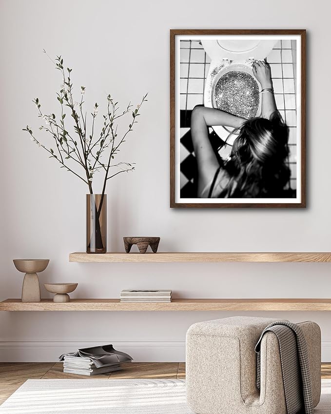 EcoHest Trendy After the Disco Party Framed Wall Art, Walnut Color 12x16 in OAK Wood Black and White Funny Bathroom Canvas Art, Teen Girl Poster College Dorm Decor, 1Pack For Bedroom Living Room