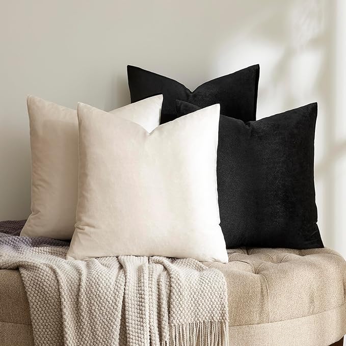 GIGIZAZA Pillow Covers 18x18 Set of 4,Black Ivory Velvet Soft Pillow Covers Decorative Square Modern Pillows Cushion Cases for Living Room