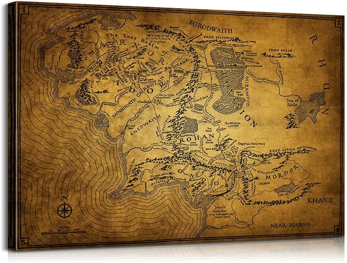 Middle Earth Map Wall Art Canvas Print - Fantasy Map of Middle Earth - 12''H x 18''W with Inner Wooden Frame - Lightweight & Easy to Hang - Perfect for Bedroom, Game Room Decor