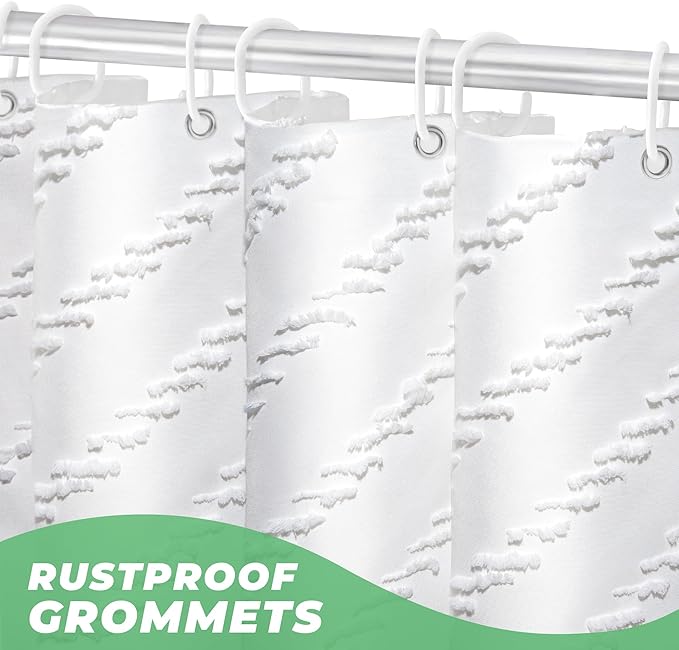 Extra Long Shower Curtains 72 x 84 Inches White Tufted Chevron Striped Fabric Shower Curtains for Bathroom Modern Shabby Chic Waterproof Cloth Shower Curtain, White