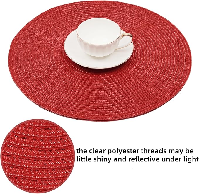 SHACOS Round Placemats Set of 6 Braided Cotton Polyester 15 inch Washable Place Mats for Dining Tables Christmas Table Mats Home Wedding Party Table Decor (Red, 6)