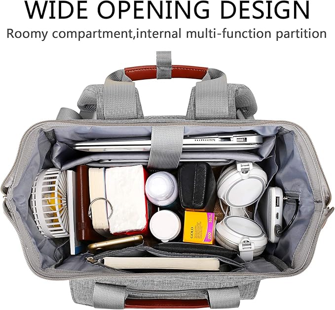 FALANKO Laptop Backpack for Women, Work Doctor Teacher Nurse Wide Open College School Student 17.3 Inch Laptops Bookbag Purse with USB Charging Port, Travel RFID Computer Bag for Men Women Girls Grey