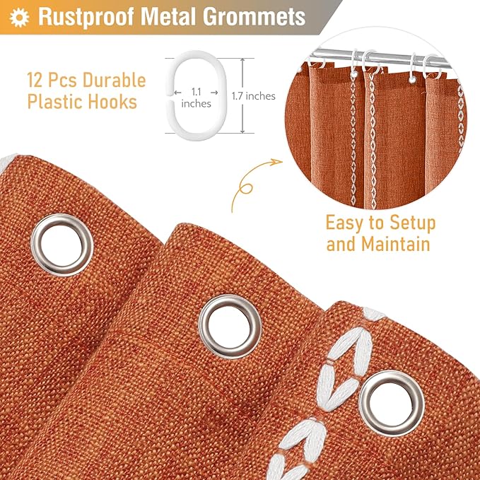 BTTN Boho Farmhouse Shower Curtain, Linen Rustic Weighted Striped Fabric Shower Curtain Set with Tassel, Water Repellent, Bohemian Vintage Country Shower Curtains for Bathroom, Burnt Orange, 72x72