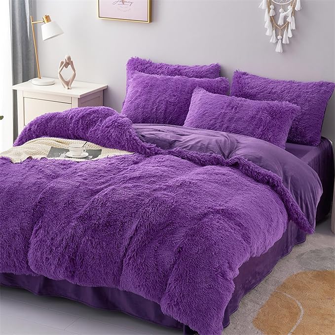 MorroMorn 5 PCS Plush Shaggy Duvet Cover Sets, Luxury Shag Fluffy Comforter Cover Fuzzy Bedding Set - Long Faux Fur Ultra Soft Cozy (Lavender, Full/Queen)