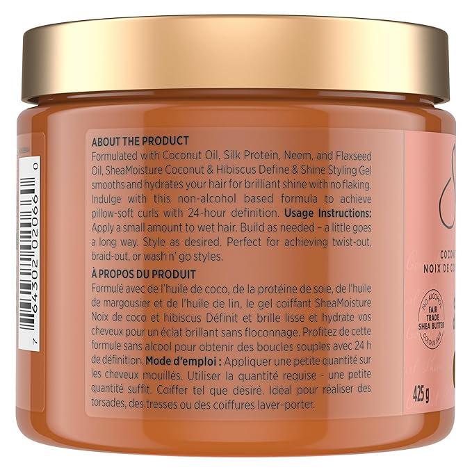 SheaMoisture Define&Shine Styling Gel+Flaxseed 12ct Coconut&Hibiscus Hydrates,Holds Your Style All Day Infused With Glycerin,CoconutOil an Invigorating Sweet Scent ParabenFree Frizz Control Gel 15OZ