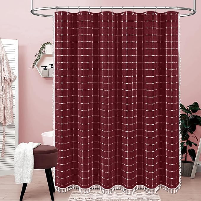 BTTN Extra Long Shower Curtain - 72x96 Inch Long Boho Chic Linen Fabric Heavy Duty Shower Curtain Set with Hooks, Tall Bohemian Farmhouse Shabby Chic Tassel Shower Curtains for Bathroom - Burgundy