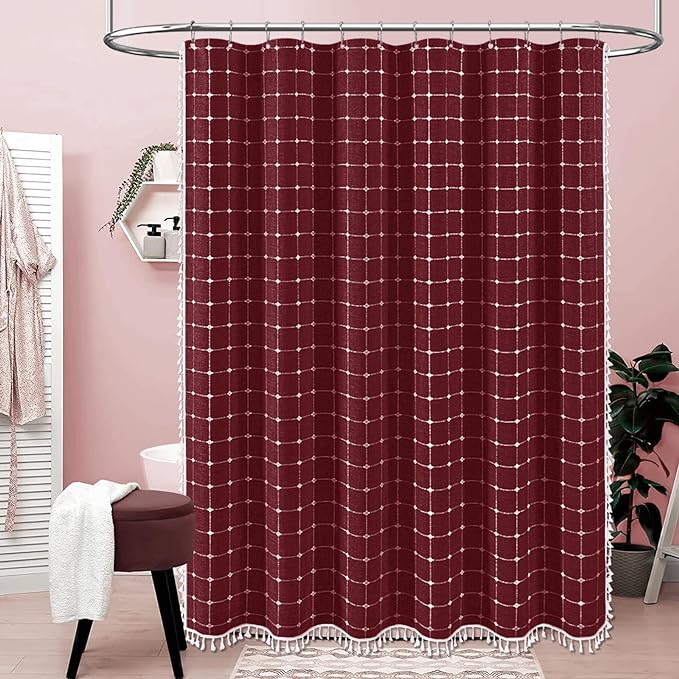 BTTN Extra Long Shower Curtain, 72x84 Inch Long Boho Chic Tassel Linen Fabric Shower Curtain Set with Hooks, Tall Modern Farmhouse Elegant Heavy Duty Thick Cloth Shower Curtains for Bathroom, Burgundy