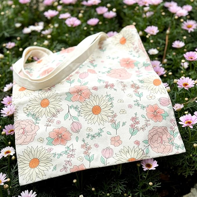 Floral Tote Bag Aesthetic Small Flower Canvas Bag For Women Gift Cotton Canvas Tote Handbag Reusable Grocery Bag Shopping Beach Bag Travel Shoulder Bag