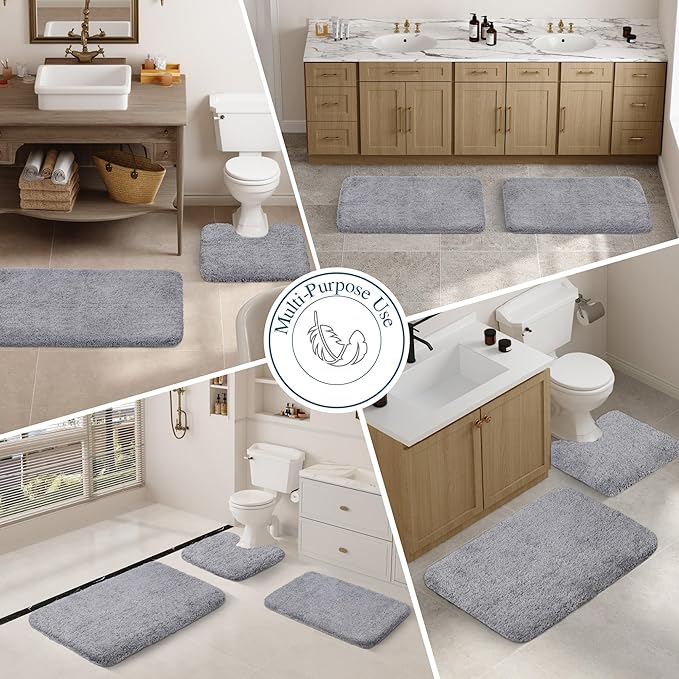 Walensee Bathroom Contour Rug (20x24, Grey) Non Slip Bath Mat for Water Absorbent Soft Microfiber Shaggy Machine Washable U Shape For Toilet