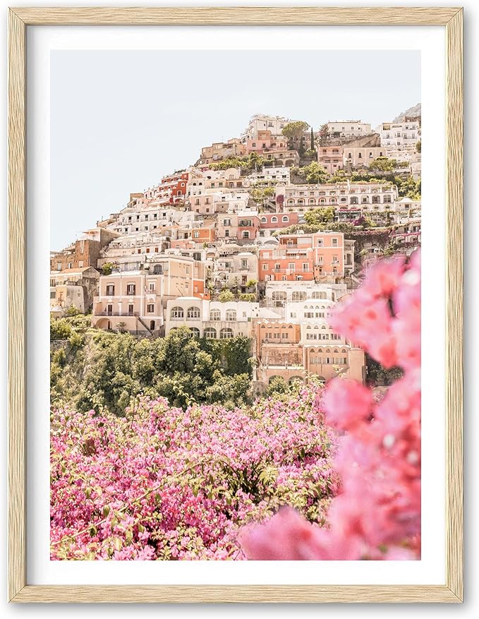 HesenDot Natural OAK Wood Amalfi Coast Framed Wall Art,12x16in Italy Beach Canvas Wall Print, Pink Flowers House Boho Wall Decor for Living Room,Bedroom,Office Gallery Gifts Set of 1
