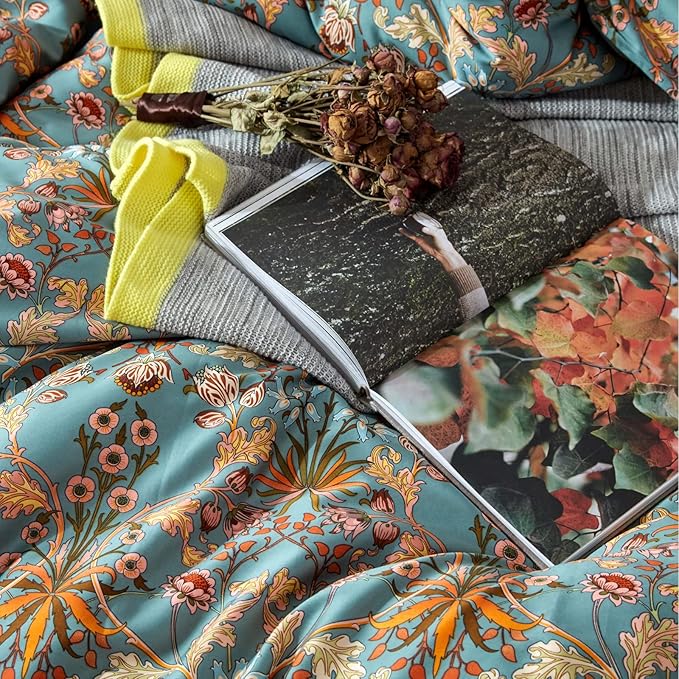 mixinni Vintage Style Garden Flower Queen Duvet Cover with Zipper Closure Soft Long Staple Percale Cotton Vibrant Pattern on Flower Bedding Quilt Cover Set(Queen, All Season)