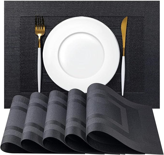 Placemat Set of 4 - Easy Clean Woven Vinyl Placemats for Dining Table, Indoor/Outdoor Place Mats, Washable PVC Table Mats（Black Cube）