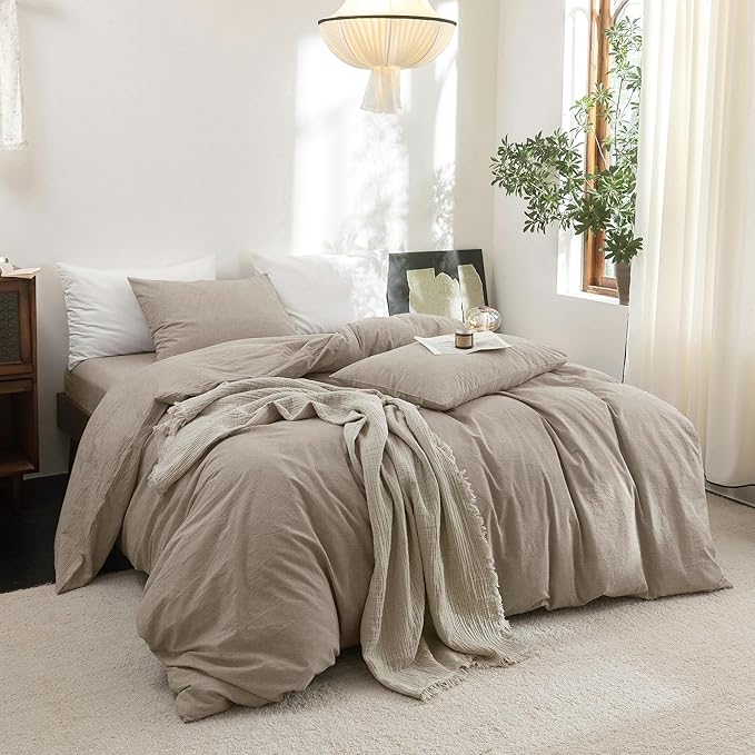 FOSSA Duvet Cover Set 100% Washed Cotton Linen Feel Super Soft Breathable Cozy 3 Pieces Bedding Sets Solid Tannish Linen Grey Super King