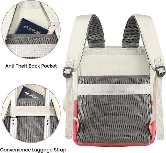 FALANKO Laptop Backpack for Women,Teacher Doctor Nurse Work Purse Bag for 15.6 Inch Laptop, Wide Open backpack With USB Charging Port RFID Pocket, Large, Water Resistant, White-Pink