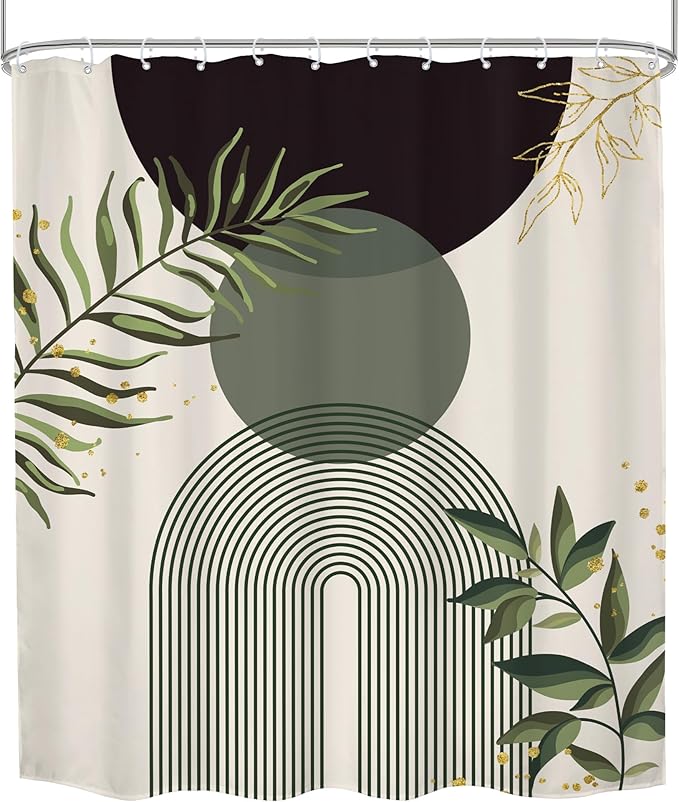 Dark Green Boho Shower Curtain 60Wx72H Black Green Modern Bohemian Mid Century Abstract Gold Leaves Plant Bathroom Decor Minimalist Geometric Neutral Bath Curtain Fabric Polyester 12 Pack Hooks