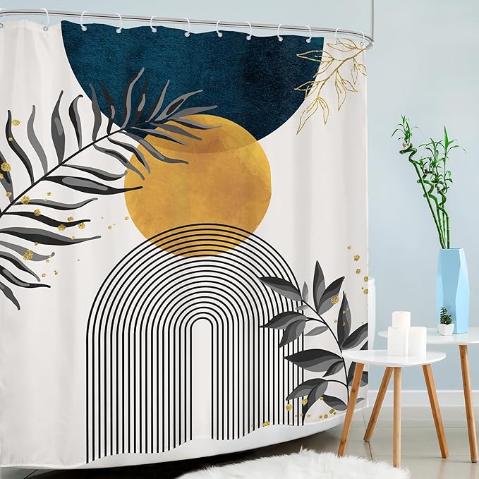 Navy Blue Boho Shower Curtain 60Wx72H Modern Bohemian Mid Century Abstract Gold Leaves Minimalist Geometric Plant Bathroom Decor Neutral Botanical Bath Curtain Fabric Polyester 12 Pack Hooks