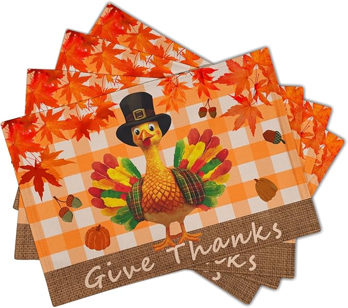 Giwawa Thanksgiving Placemats Set of 4, Give Thanks Turkey Place Mat with Orange Bufflao Plaids, Fall Autumn Maple Leaf Pumpkins Chestnuts Washable Table Mats for Kitchen Dining Holiday Decor, 12"x18"