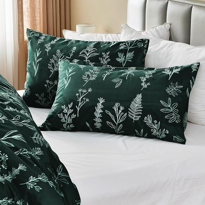 MUXHOMO Duvet Cover Full Size, Reversible Floral Forest Green Duvet Cover Set with Zipper Closure, 3 Pieces Botanical Patterns Soft Microfiber Bedding Set with 4 Ties (80"x90", 2 Pillow Cases)