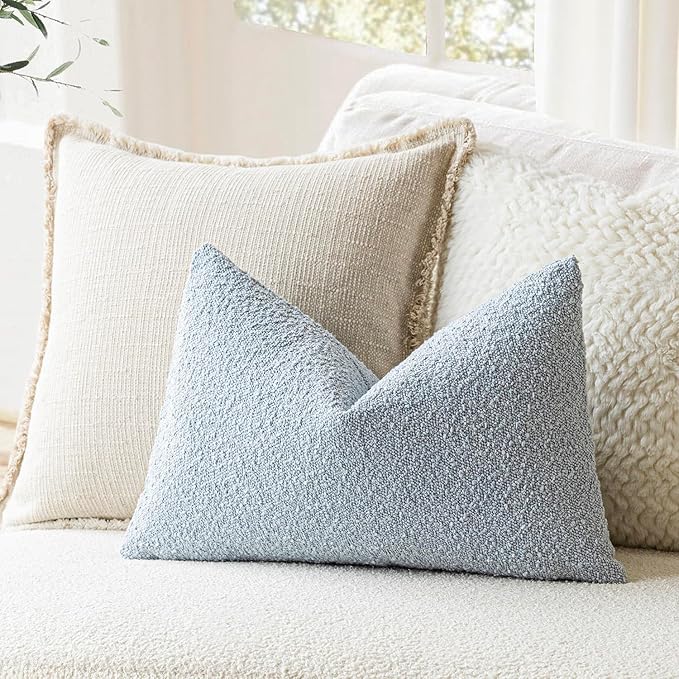 Foindtower Pack of 2 Modern Textured Boucle Lumber Throw Pillow Covers Accent Solid Decorative Pillow Cases Cozy Couch Cushion Case for Sofa Bed Living Room Home Decor, 12 x 20 Inch, Light Blue