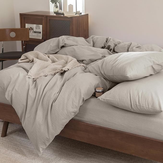 FOSSA Duvet Cover Set 100% Washed Cotton Linen Feel Super Soft Breathable Cozy 3 Pieces Bedding Sets Solid Cream Grey Queen