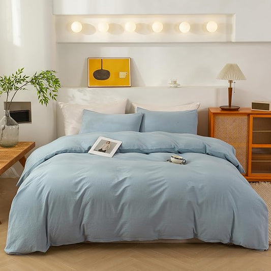 ECOCOTT Light Blue Duvet Cover Oversized King Size - 100% Washed Cotton Durable Soft Comfy Duvet Cover Set, 3 Pieces Duvet Cover with Zipper Closure (120"x 98")