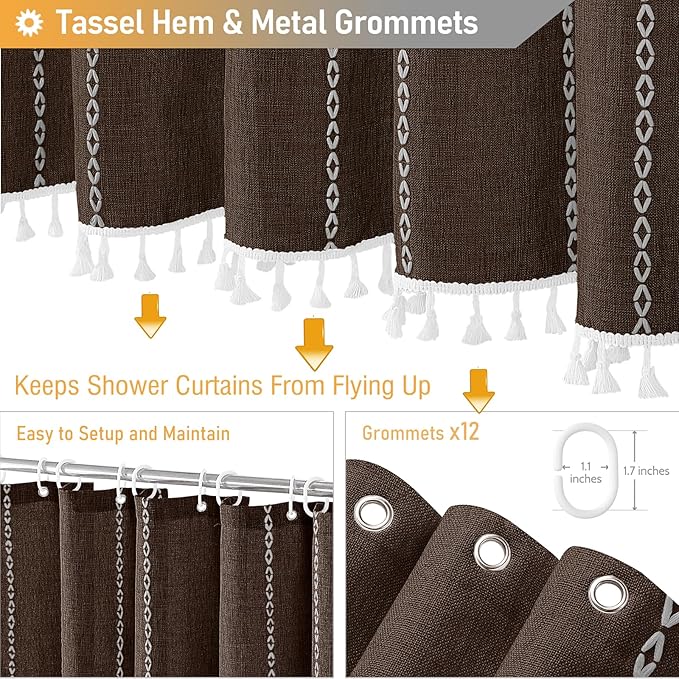 BTTN Extra Long Shower Curtain, 72x96 Inch Boho Rustic Striped Fabric Shower Curtain Set with Tassel, Water Repellent, Tall Bohemian Shabby Chic Farmhouse Shower Curtain for Bathroom with Hooks, Brown
