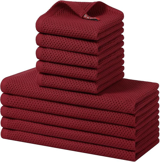 Homaxy 100% Cotton Kitchen Towels and Dishcloths Set, 12 x 12 Inches and 13 x 28 Inches, Set of 10 Bulk Kitchen Towels Set, Ultra Soft Absorbent Dish Cloths for Washing Dishes, Burgundy