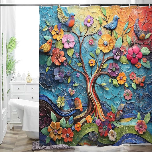 Bohemian Bathroom Curtain Colorful Boho Floral Print Beautiful Bright Polyester Fabric Cloth Shower Curtain for Bathroom Decoration, 72"x72"
