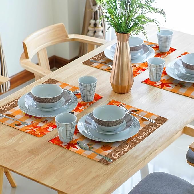 Giwawa Thanksgiving Placemats Set of 4, Give Thanks Turkey Place Mat with Orange Bufflao Plaids, Fall Autumn Maple Leaf Pumpkins Chestnuts Washable Table Mats for Kitchen Dining Holiday Decor, 12"x18"
